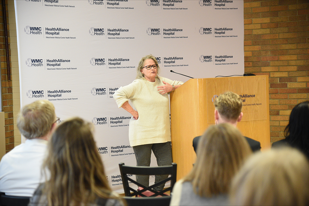 Charlene Cohen speaking at the Milestone Achievement Awards Ceremony at HealthAlliance Hospital